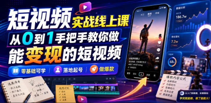 短视频实战线上课，从0到1手把手教你做能变现的短视频，零基础可学，落地起号做爆款-猴哥VIP资源站