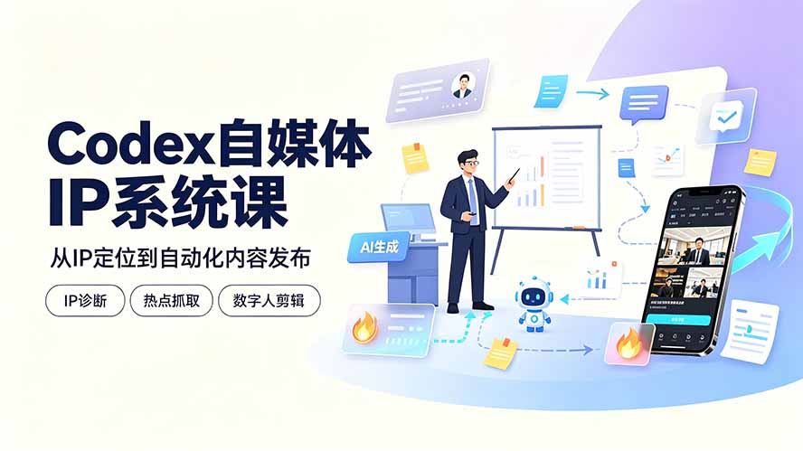 Codex自媒体IP系统课:IP诊断/热点抓取/IP蒸馏 Skill,爆款复刻数字人多平台自动发布教程-猴哥VIP资源站
