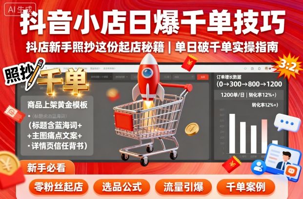 抖音小店日爆千单技巧,抖店新手照抄这份起店秘籍,单日破千单-猴哥VIP资源站