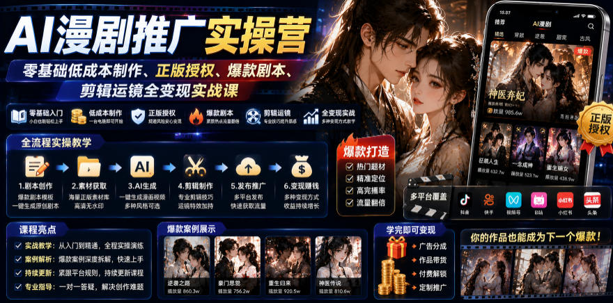 AI漫剧推广实操营|零基础低成本制作、正版授权、爆款剧本、剪辑运镜全变现实战课-猴哥VIP资源站