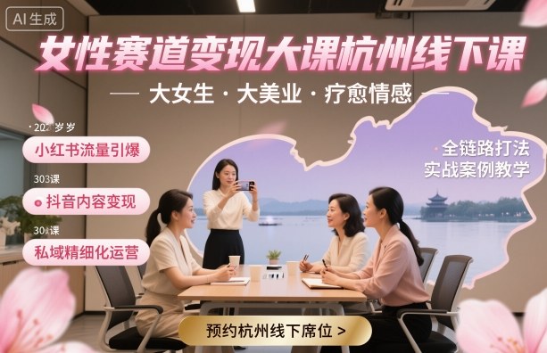 女性赛道变现大课杭州线下，大女生，大美业，疗愈情感，一套小红书、抖音、私域全链路打法-猴哥VIP资源站