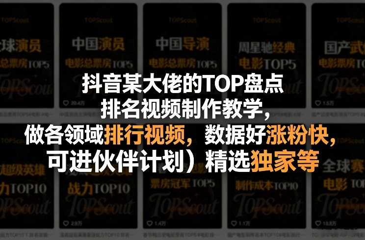 抖音某大佬的TOP盘点排名视频制作,做各领域排行视频,数据好涨粉快,可进伙伴计划+精选独家等-猴哥VIP资源站