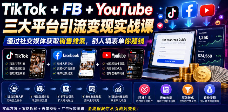 TikTok+FB+YouTube三大平台引流变现实战课,通过社交媒体获取销售线索,别人填表单你賺钱【原创双语字幕】-猴哥VIP资源站