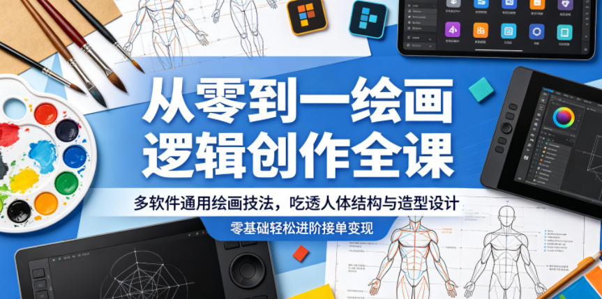 从零到一绘画逻辑创作全课，多软件通用绘画技法，吃透人体结构与造型设计，零基础轻松进阶接单变现-猴哥VIP资源站