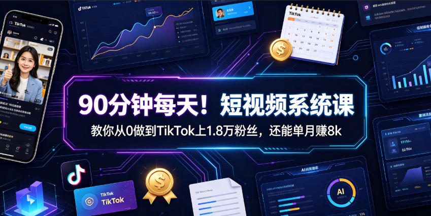 90分钟每天!短视频系统课教你从0做到TikTok上1.8万粉丝,还能单月賺8k【原创双语字幕】-猴哥VIP资源站