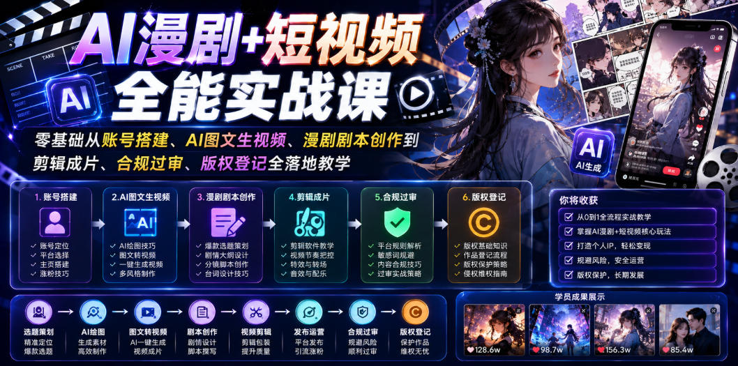 AI漫剧+短视频全能实战课|零基础从账号搭建、AI图文生视频、漫剧剧本创作到剪辑成片、合规过审、版权登记全落地教学-猴哥VIP资源站