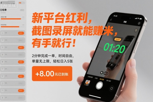 新平台红利,截图录屏就能賺米,有手就行!2分钟完成一单,时间自由,单量无上限,轻松日入5张【揭秘】-猴哥VIP资源站