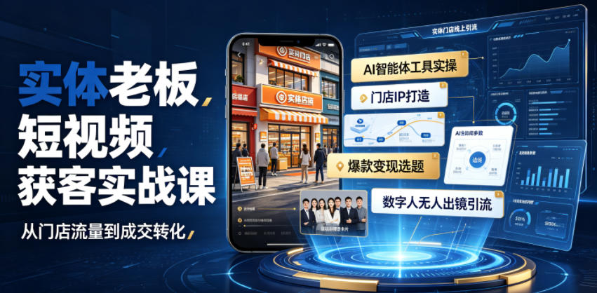 实体老板短视频获客实战课|AI智能体工具全套实操、门店IP打造、爆款变现选题、数字人无人出镜引流完整教程-猴哥VIP资源站