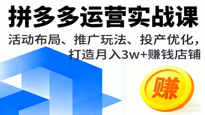 拼多多运营实战课,活动布局、推广玩法、投产优化,打造月入3w+赚钱店铺-猴哥VIP资源站