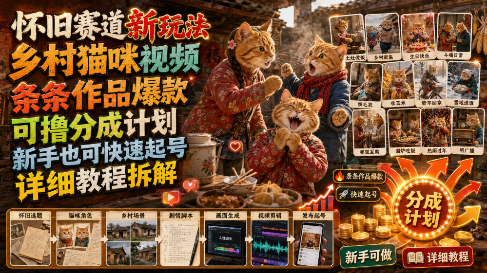怀旧赛道新玩法,乡村猫咪视频,条条作品爆款,可撸分成计划,新手也可快速起号,详细教程拆解-猴哥VIP资源站