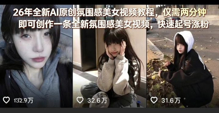 26年全新AI原创氛围感美女视频教程，仅需两分钟即可创作一条全新氛围感美女视频，快速起号涨粉-猴哥VIP资源站