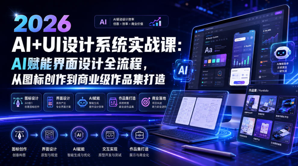 2026 AI+UI设计系统实战课:AI赋能界面设计全流程,从图标创作到商业级作品集打造-猴哥VIP资源站