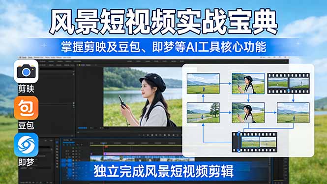 风景短视频实战宝典：掌握剪映及豆包、即梦等AI工具的核心功能，独立完成风景短视频剪辑-猴哥VIP资源站