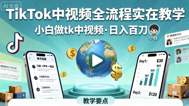 TikTok中视频全流程实操教学，小白做tk中视频，日入百刀-猴哥VIP资源站