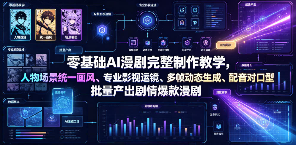 零基础AI漫剧完整制作教学,人物场景统一画风、专业影视运镜、多帧动态生成、配音对口型,批量产出剧情爆款漫剧-猴哥VIP资源站