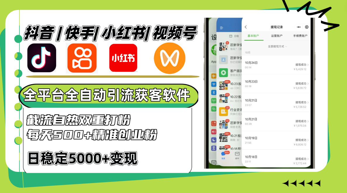 抖音快手小红书视频号全平台全自动引流获客系统，截流自热双重打粉，每天500+精准粉-猴哥VIP资源站