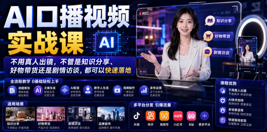 AI口播视频实战课，不用真人出镜，不管是知识分享、好物带货还是剧情访谈，都可以快速落地-猴哥VIP资源站