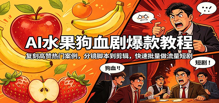 AI水果狗血剧爆款教程:复刻高赞热门案例,分镜脚本到剪辑,快速批量做流量短剧-猴哥VIP资源站