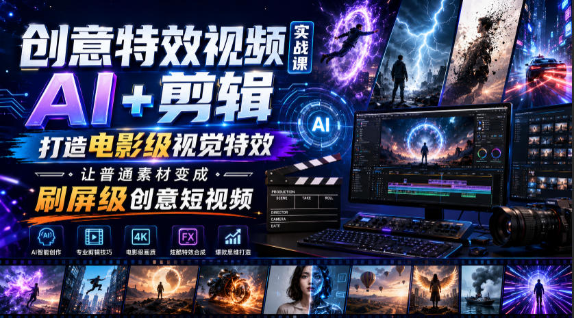 创意特效视频实战课，AI+剪辑打造电影级视觉特效，让普通素材变成刷屏级创意短视频-猴哥VIP资源站