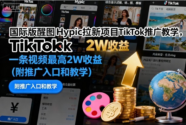 国际版醒图Hypic拉新项目TikTok推广教学,一条视频最高2W收益(附推广入口和教学)-猴哥VIP资源站