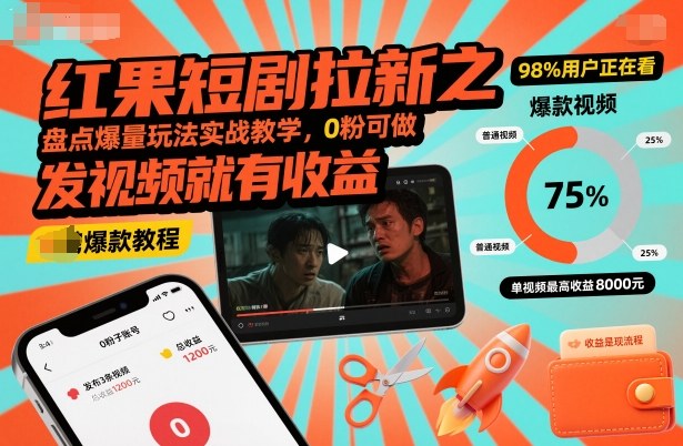 红果短剧拉新之盘点爆量玩法实战教学,0粉可做,发视频就有收益