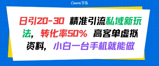 日引 20-30 精准引流私域新玩法，转化率50% 高客单虚拟资料，小白一台手机就能做-猴哥VIP资源站