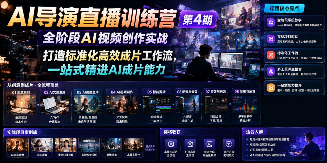 AI导演直播训练营第4期|全阶段AI视频创作实战,打造标准化高效成片工作流,一站式精进AI成片能力-猴哥VIP资源站