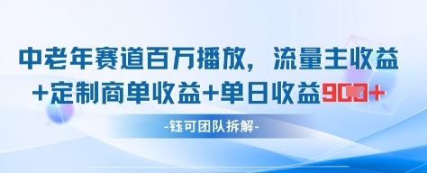 中老年赛道百万播放+流量主收益+定制收益，单日收益9张-猴哥VIP资源站