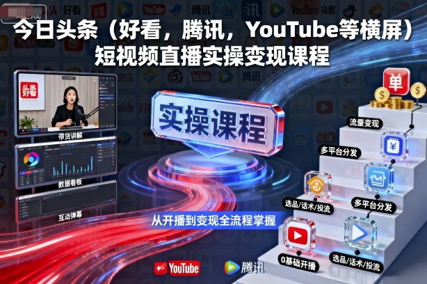 今日头条(好看,腾讯,YouTube等横屏)短视频直播实操变现课程-猴哥VIP资源站