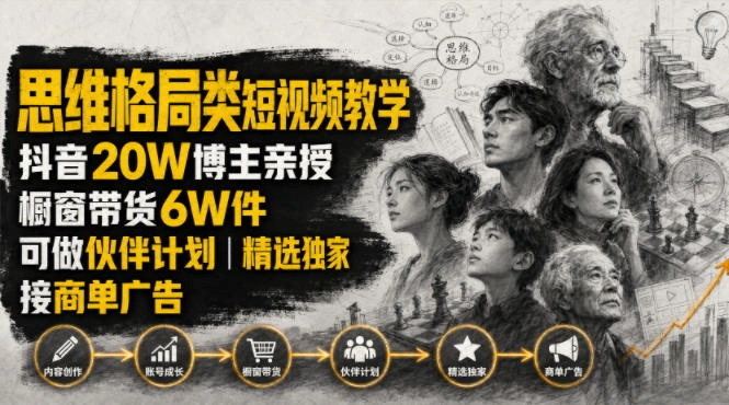 人性思维格局类短视频教学，抖音20W博主亲授，橱窗带货6W件，可做伙伴计划、精选独家、接商单广告-猴哥VIP资源站