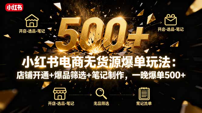 小红书电商无货源爆单玩法：店铺开通+爆品筛选+笔记制作，一晚爆单500+-猴哥VIP资源站