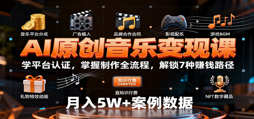 AI原创音乐变现课：学平台认证，掌握制作全流程，解锁7种赚钱路径-猴哥VIP资源站
