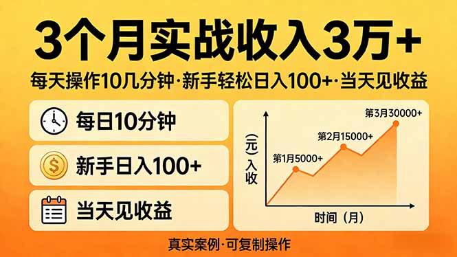 3个月实战收入3万+，每天操作10几分钟，新手轻松日入100+，当天见收益-猴哥VIP资源站