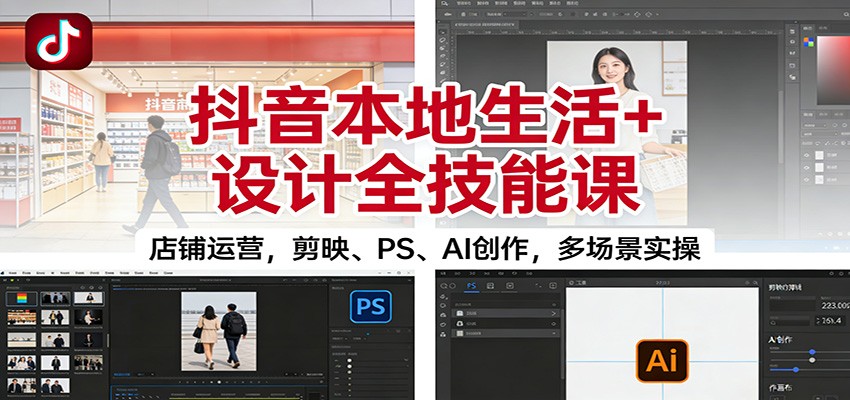抖音本地生活+设计全技能课：店铺运营，剪映、PS、AI创作，多场景实操-猴哥VIP资源站
