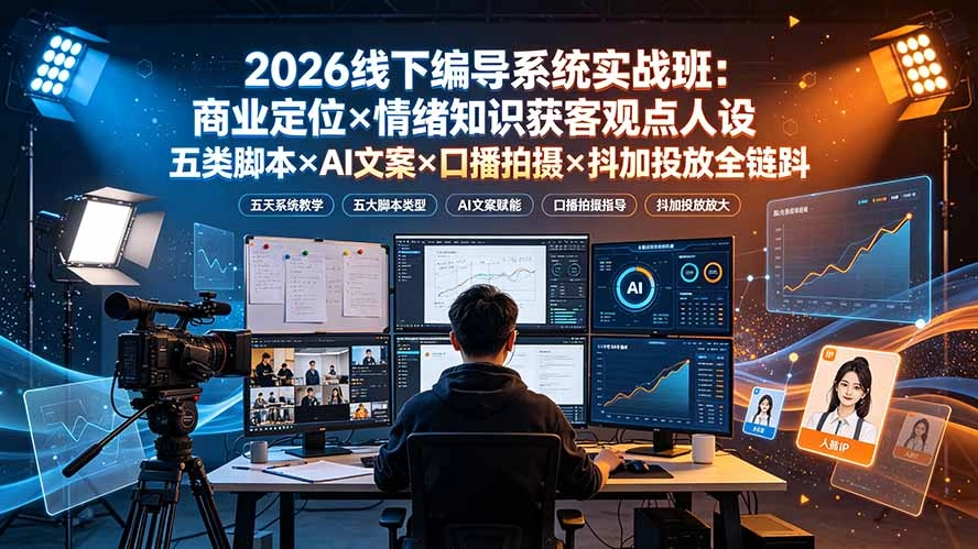 2026线下编导系统实战班:商业定位×情绪知识获客观点人设五类脚本×AI文案×口播拍摄×抖加投放全链路-猴哥VIP资源站