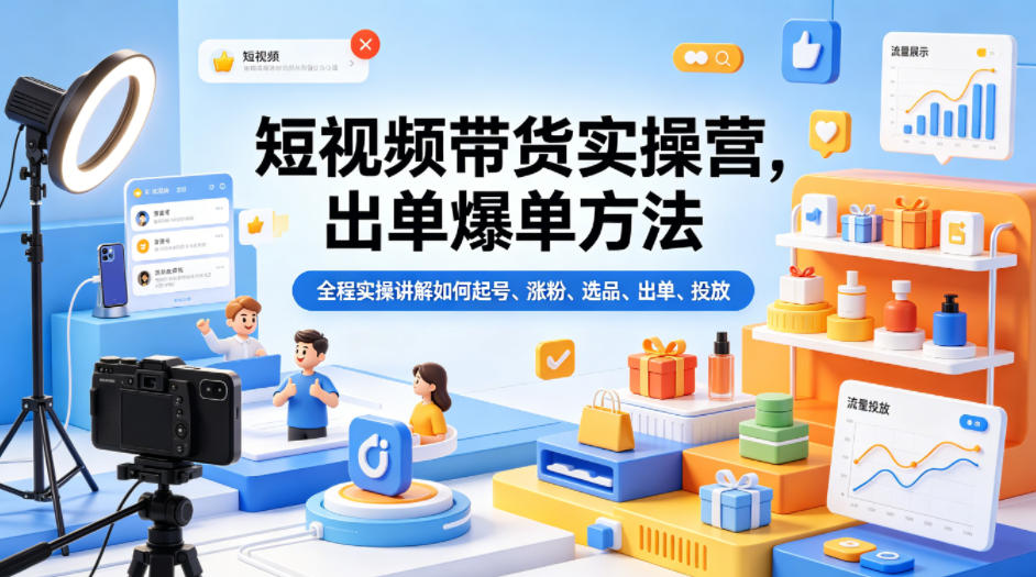 短视频带货实操营，出单爆单方法，全程实操讲解如何起号、涨粉、选品、出单、投放-猴哥VIP资源站