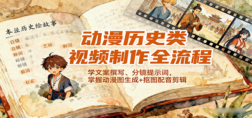 图片[1]-动漫历史类视频制作全流程，学文案撰写、分镜提示词，掌握动漫图生成+抠图配音剪辑-猴哥VIP资源站