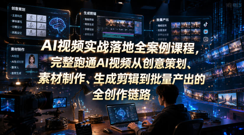 AI视频实战落地全案例课程,完整跑通AI视频从创意策划、素材制作、生成剪辑到批量产出的全创作链路-猴哥VIP资源站