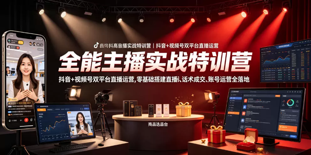 全能主播实战特训营|抖音+视频号双平台直播运营,零基础搭建直播间、精准选品、话术成交、账号运营全落地-猴哥VIP资源站