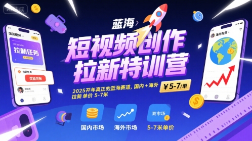 短视频创作拉新特训营,2025开年真正的蓝海赛道,国内+海外,拉新单价5-7米-猴哥VIP资源站