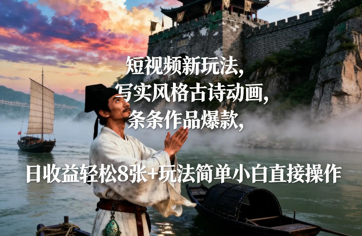 短视频新玩法，写实风格古诗动画，条条作品爆款，日收益轻松8张+玩法简单小白直接操作-猴哥VIP资源站