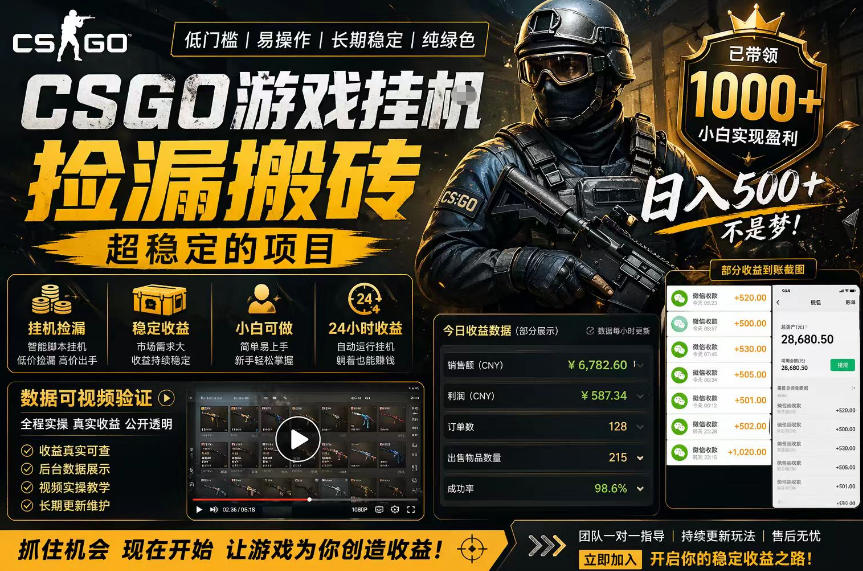 CSGO游戏搬砖，全自动挂G，不需要玩游戏，手机操作日入300+，解放双手【揭秘】-猴哥VIP资源站
