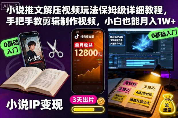 小说推文解压视频玩法保姆级详细教程，手把手教剪辑制作视频，小白也能月入1W+-猴哥VIP资源站