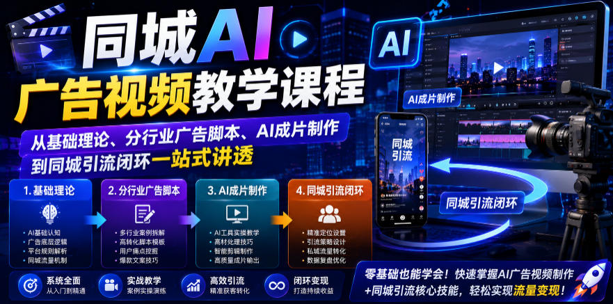 同城AI广告视频教学课程,从基础理论、分行业广告脚本、AI成片制作到同城引流闭环一站式讲透-猴哥VIP资源站