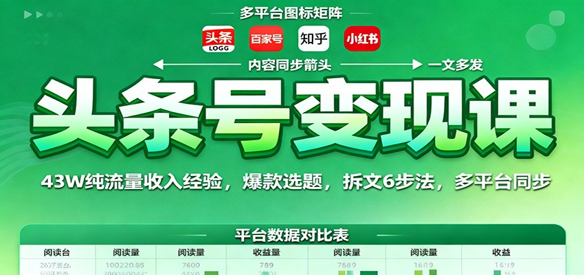 头条号变现课:43W纯流量收入经验,爆款选题,拆文6步法,多平台同步-猴哥VIP资源站