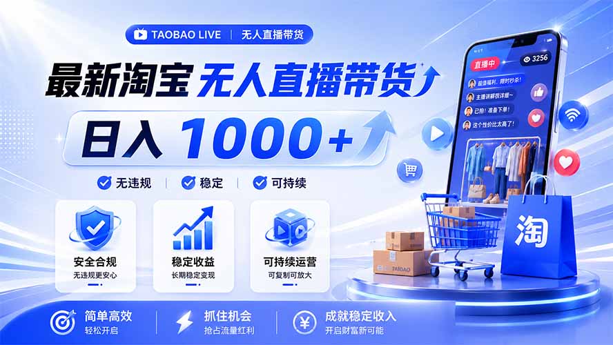淘宝无人直播,合规24小时自动出单,单设备日赚1000+-猴哥资源站