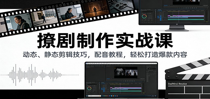 撩剧制作实战课：动态、静态剪辑技巧，配音教程，轻松打造爆款内容-猴哥VIP资源站