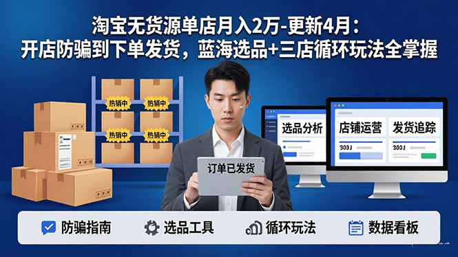 淘宝无货源5.0单店月入2万-更新4月：开店防骗到下单发货，蓝海选品+三店循环玩法全掌握-猴哥VIP资源站
