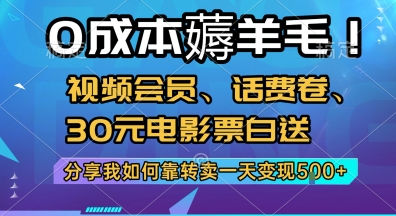 0成本薅羊毛!视频会员、话费卷、30元电影票白送,分享我如何靠转卖一天变现5张+【揭秘】-猴哥VIP资源站