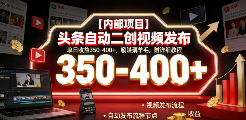 【内部项目】头条自动二创视频发布，单日收益350-400+，躺賺薅羊毛，附详细教程【揭秘】-猴哥VIP资源站